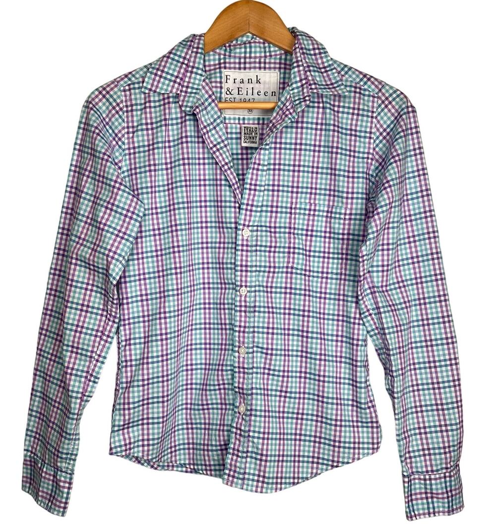 Frank & Eileen Barry Purple Blue Check Plaid Button Down Shirt XS USA Made